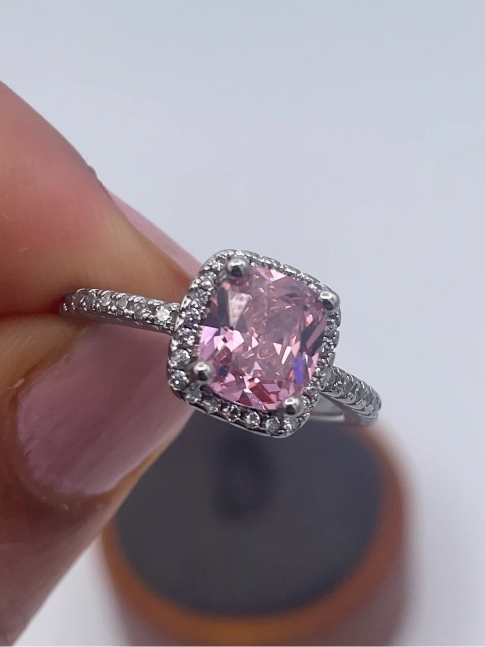 925 Sterling Silver Pink Cushion Cut CZ Halo Ring Cubic Zirconia Pave Band sz 8